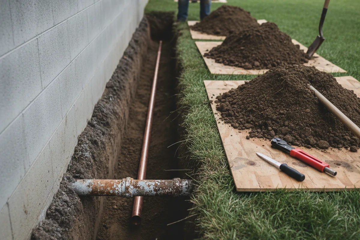 Excavated water line trench during Sewer Line Repair in Beulaville